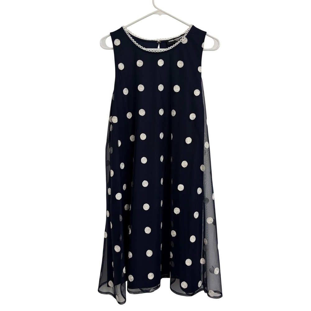 Karl‎ Lagerfeld Paris Navy Blue Polka Dot Mesh Shift Dress LD9O6CX4 Womens 12
